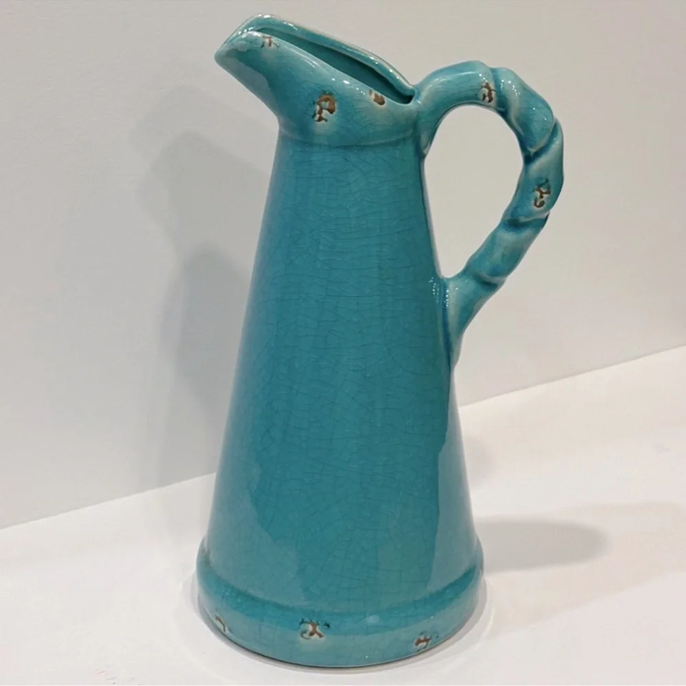 Vintage Pottery Vase Pitcher Water Jug Rustic Antique Glaze Turquoise Blue Green
